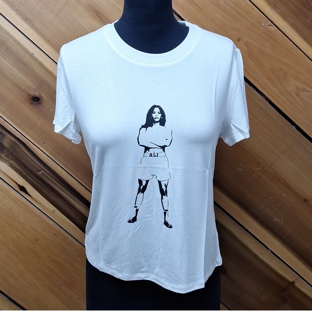 LAILA ALI Large Empowerment Boxing Tee Off-White Buttery Graphic NEW